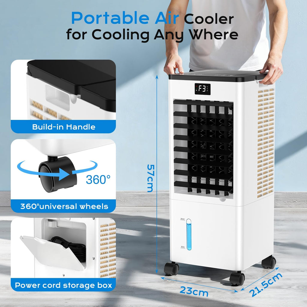 60W Evaporative Air Cooler with 8L Water Tank, Remote Control, LED Display & 4 Ice Packs