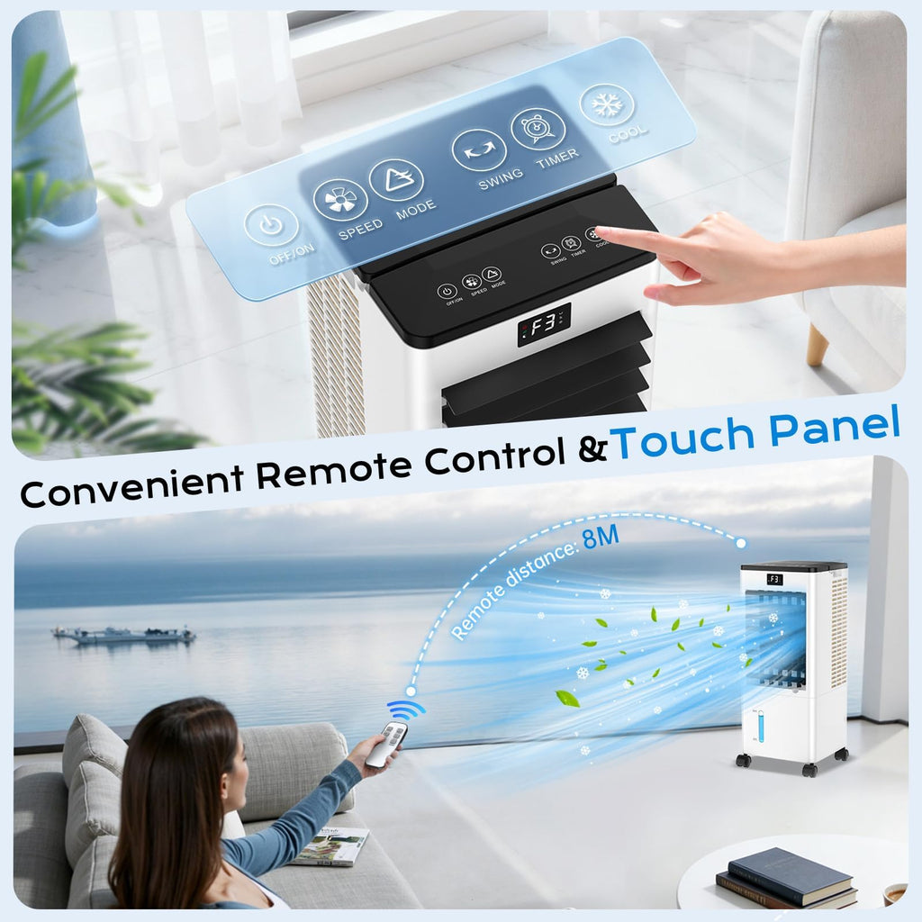 60W Evaporative Air Cooler with 8L Water Tank, Remote Control, LED Display & 4 Ice Packs