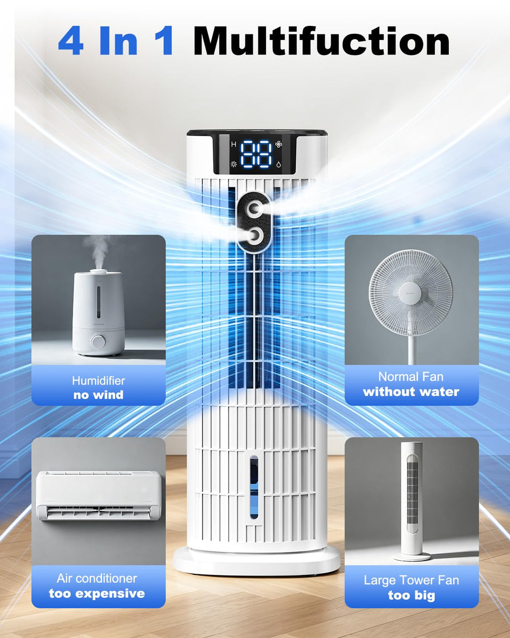 4-in-1 Portable Air Cooler with Remote Control, Mist Function & Timer