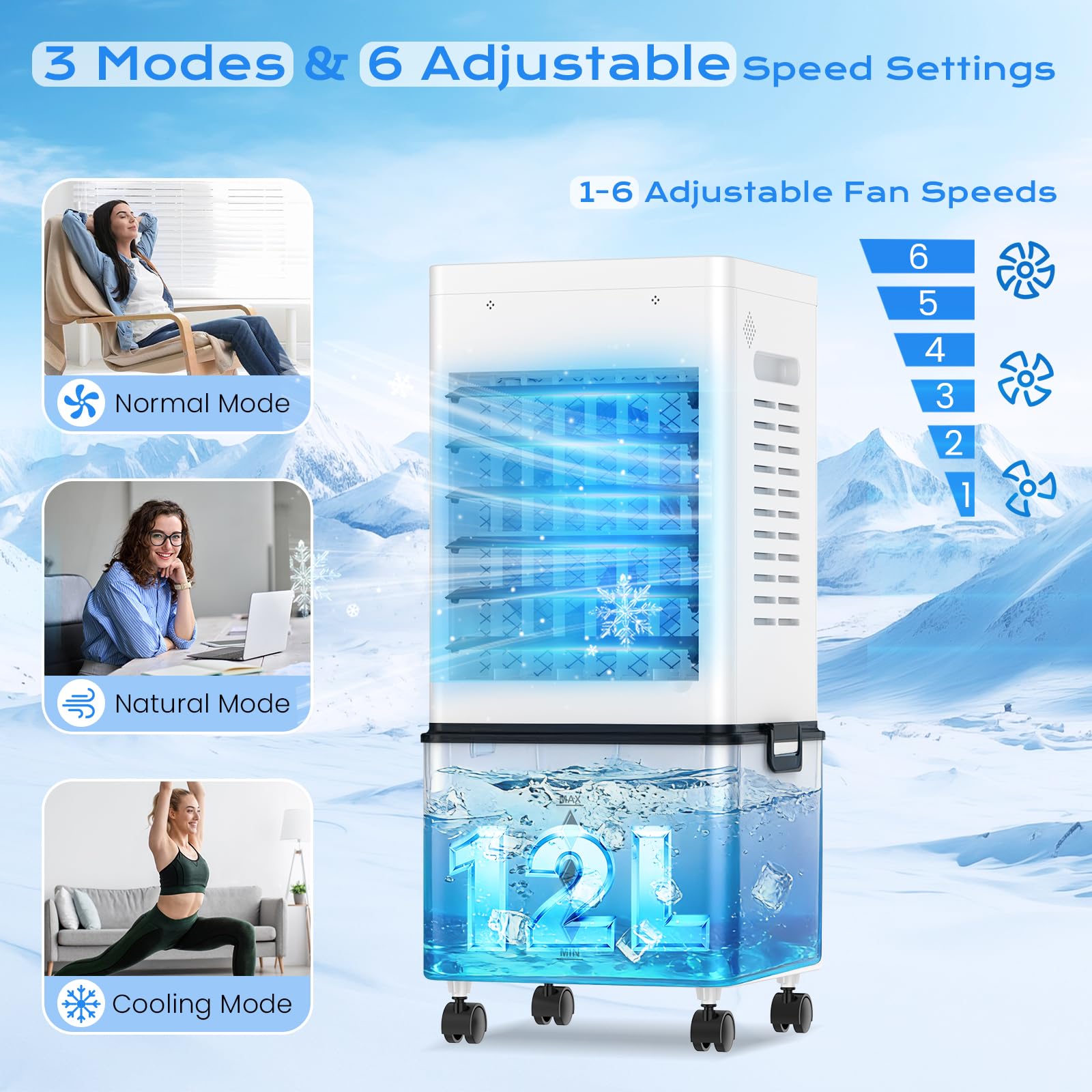 Portable Evaporative Air Cooler with 12L Tank, Remote Control & Timer
